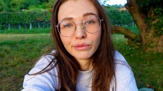 ALONE? Outside on the fields i presnet my huge labia teen pussy and clit